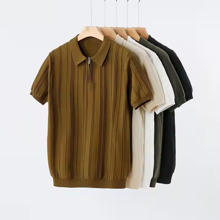 Korean-Style Vertical Pattern Knitted Short-Sleeved Half-Zip Summer Slim-Fit Simple Breathable Men's Polo Shirt